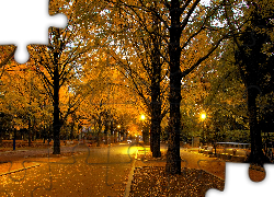 Jesień, Park, Droga, Drzewa, Latarnie