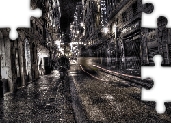 Europa, Włochy, Genua, Ulica, Wieczór, Domy, Światła