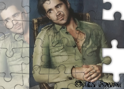 Colin Farrell,złoty łańcuch, zielona koszula