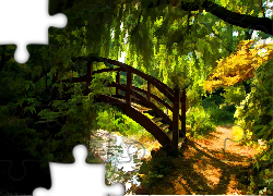 Park, Drzewa, Mostek, Woda