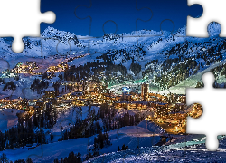 Zima, Góry, Noc, Osiedle, Kamienice