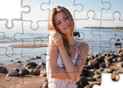 Blondwłosa, Dziewczyna, Morze, Plaża, Kamienie, Lato