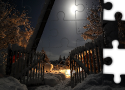 Zima, Noc, Księżyc, Drzewa, Brama, Ogrodzenie