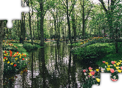 Park, Rzeka, Tulipany, Drzewa, Ludzie