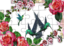 Grafika, Kwiaty, Róże, Ptaki, Kolibry