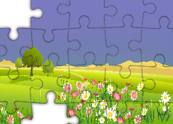 Łąka, Kwiaty, Drzewa