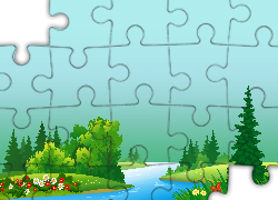 Rzeka, Łąka, Drzewa, Kwiaty