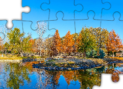 Jesień, Park, Drzewa, Jezioro