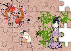 Ryby, Ptak, Dziewczynka, Kimono, Bambusy, Grafika