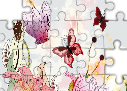 Grafika, 2D, Motyle, Kwiaty