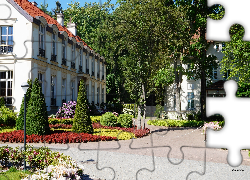 Budynek, Dworek, Ogród, Park Oliwski, Rośliny, Kwiaty, Alejki