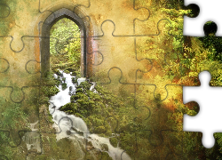 Wodospad, Roślinność, Mur, Wejście