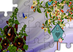 Kwiaty, Domek, Ptaki, Sad, Grafika