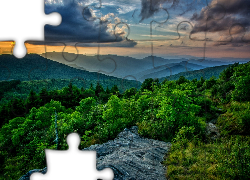 Góry, Zachód, Słońca, Skały, Roślinność, Błękit, Niebo