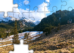 Góry, Wzgórza, Drzewa, Domek, Śnieg