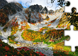 Góry, Jesień, Śnieg, Domy, Roślinność