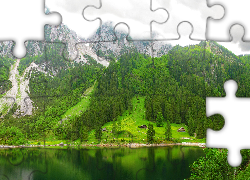 Góry, Jezioro, Drzewa, Budynki