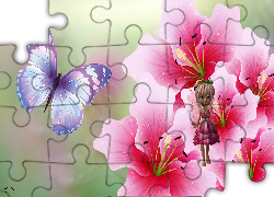 Kwiaty, Motyl, Laleczka, Grafika