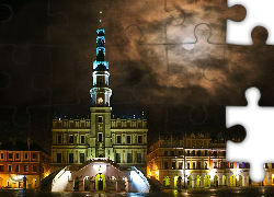 Zamość, Ratusz, Rynek, Noc, Neony