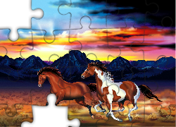 Konie, Góry, Kolory Nieba