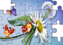 Biedronki, Motyl, Kwiat, Mlecz, Liść