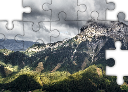 Góry, Urwisko, Drzewa, Trawa, Chmury