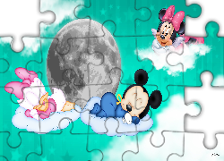 Chmury, Księżyc, Niebo, Daisy, Minnie, Mickey, Dla dzieci, Sen, Grafika