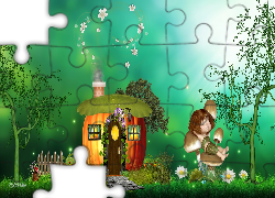 Grafika, Domek, Laleczka, Drzewa, Grzyby