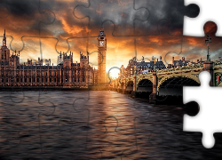 Anglia, Londyn, Rzeka Tamiza, Most Westminsterski, Big Ben, Zachód Słońca
