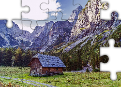 Góry, Domek, Ścieżka, Drzewa