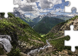 Góry, Niebo, Wodospad, Strumień