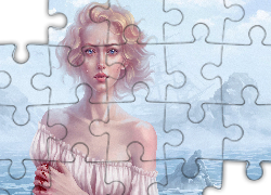 Grafika, Kobieta, Łzy, Morze, Statek, Skały