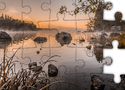 jezioro,  Kamienie, Trawa, Drzewa, Mgła