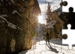 Krajobraz, Góry, Słońce, Śnieg, Turysta