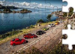 Morze, Skały, Droga, Samochody, Drzewo