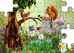Grafika, 2D, Kwiaty, Wiewiórki, Drzewo
