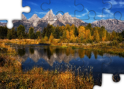 Jesień, Rzeka, Snake River, Góry, Teton Range, Las, Drzewa, Park Narodowy Grand Teton, Wyoming, Stany Zjednoczone