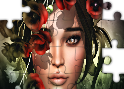 Dziewczyna, Kwiaty, Cień, Portret, Grafika