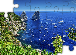 Europa, Włochy, Wyspa, Capri, Domki, Morze, Skały, Roślinność