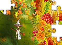 Jesień, Liście, Jarzębina, Wiedźma, Halloween, Grafika