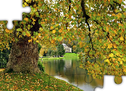 Park, Jezioro, Drzewa, Rezydencja, Stourhead, Anglia, Jesień