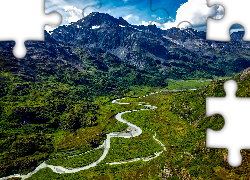 góry, niebo, chmury, drogi, dolina, zieleń