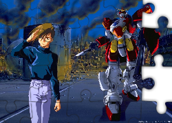 Gundam Wing, facet, miasto, robot, ruiny