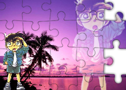 Detective Conan, szorty, chłopak, palmy, plaża