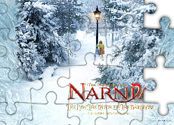 The Chronicles Of Narnia, latarnia, dziewczynka, choinki, zima, napis