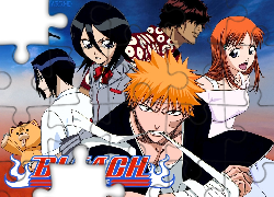 Bleach, napis, ludzie, motyl, miś