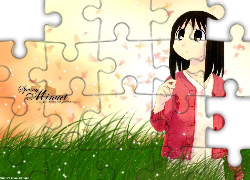 Azumanga Daioh, dziewczyna, trawa, napisy, motyle