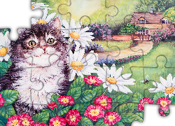 Kot, Kwiaty, Dom, Rysunek
