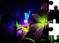 Kwiat, Motyle, Neon, 3D