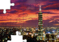 Tajwan, Taipei 101, Panorama, Noc, Światła